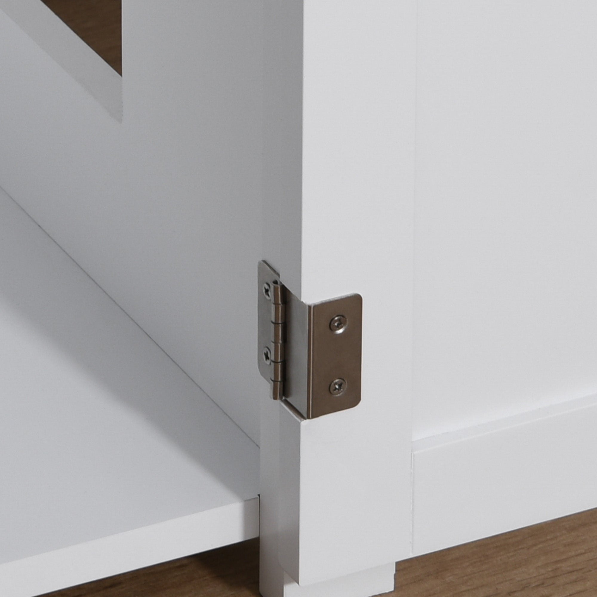 Brushed nickel door hinge on white wooden frame of pawhut cat litter box enclosure furniture with adjustable wall