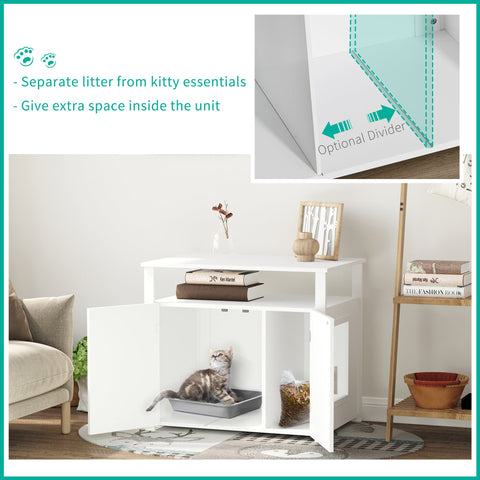 White pawhut wooden cat litter box cabinet with open doors showing gray tabby kitten in silver litter box tray