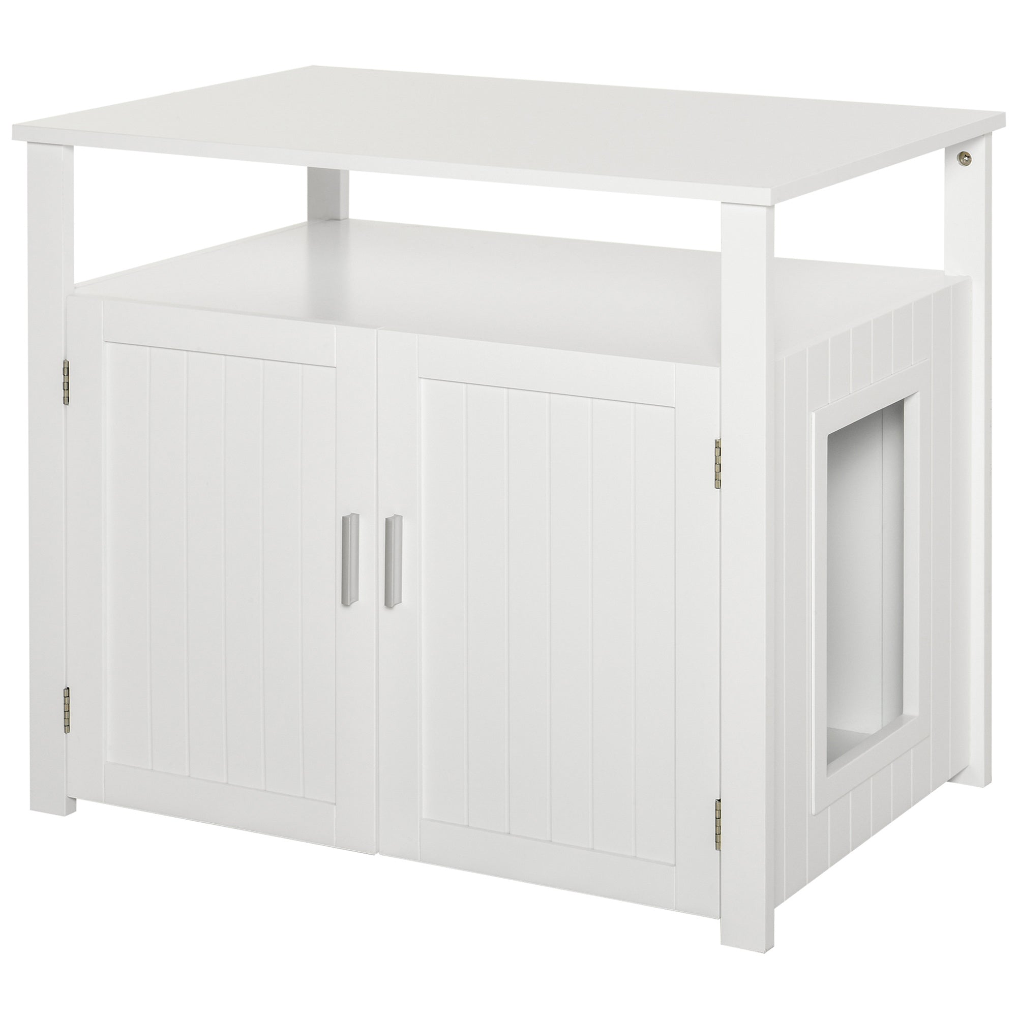 White wooden pawhut cat litter box enclosure with vertical panel doors and side entry for cat litter use