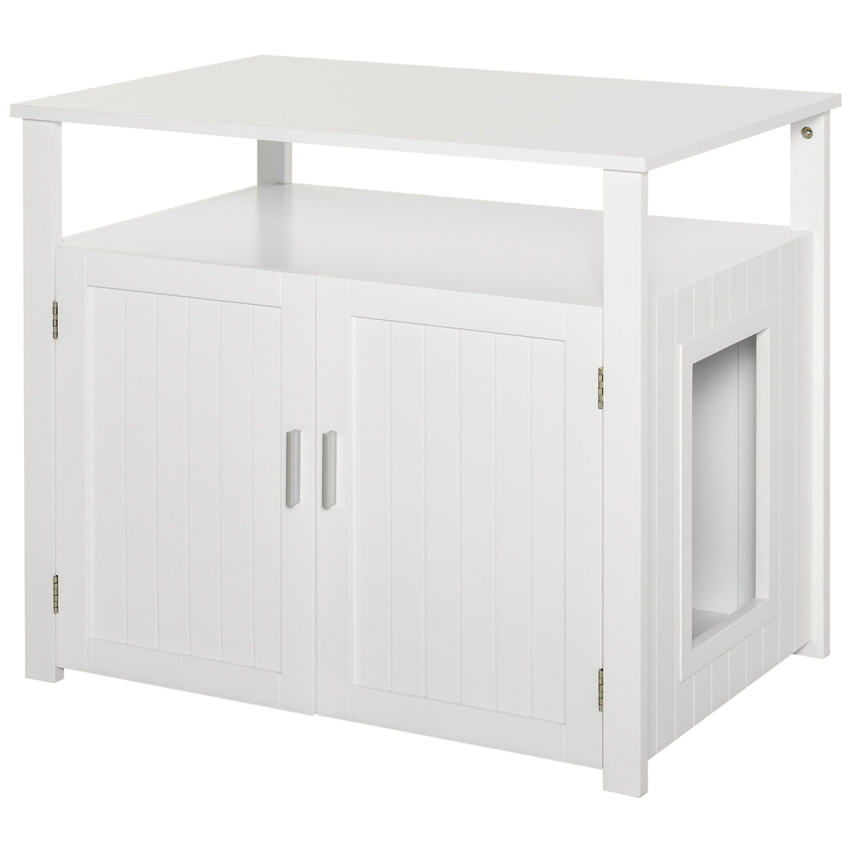 White wooden pawhut cat litter box enclosure with vertical panel doors and side entry for cat litter use