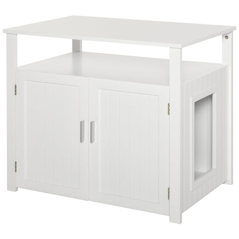 White wooden pawhut cat litter box enclosure with vertical panel doors and side entry for cat litter use