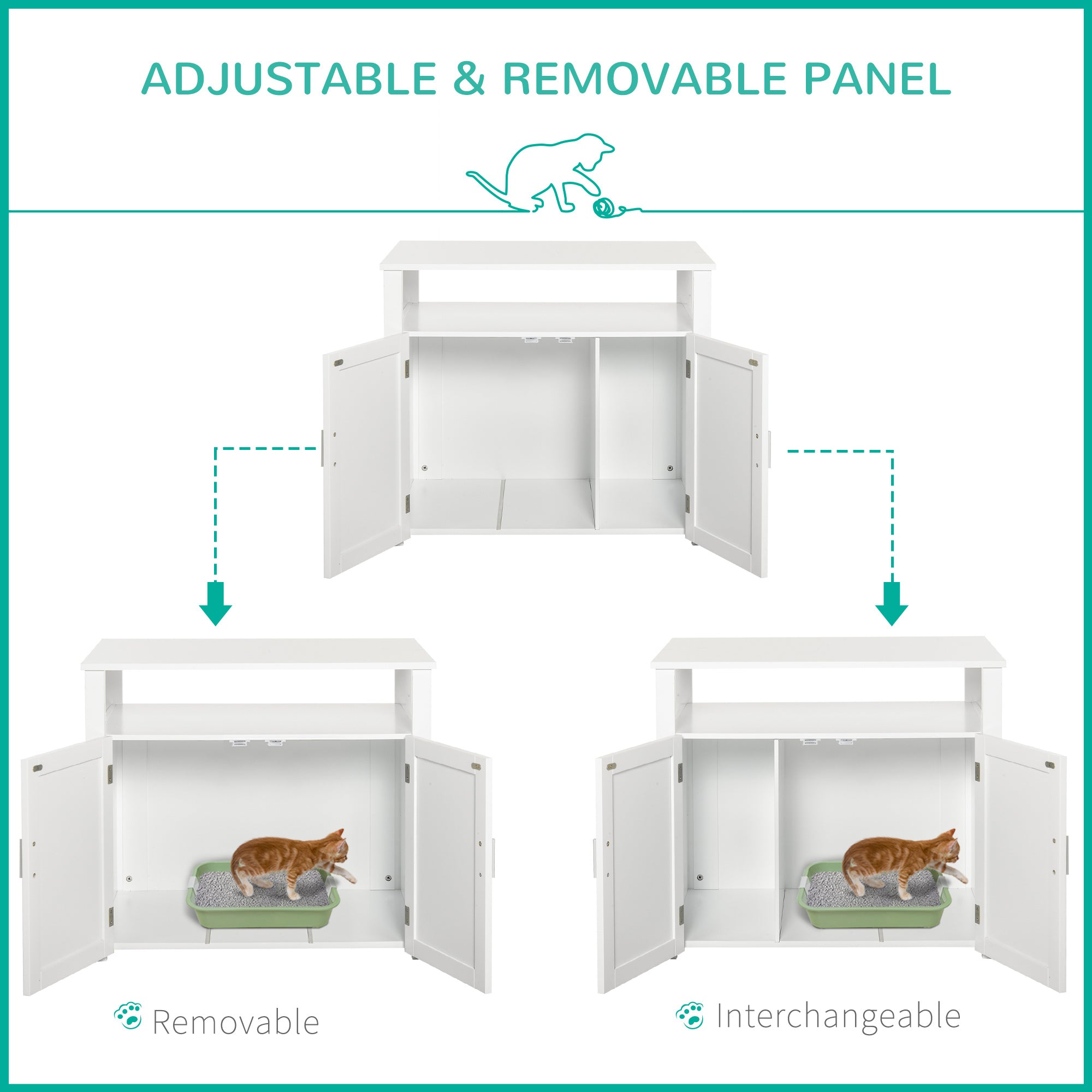 White wooden pawhut cat litter box cabinet with adjustable panel and green removable litter tray for easy cleaning
