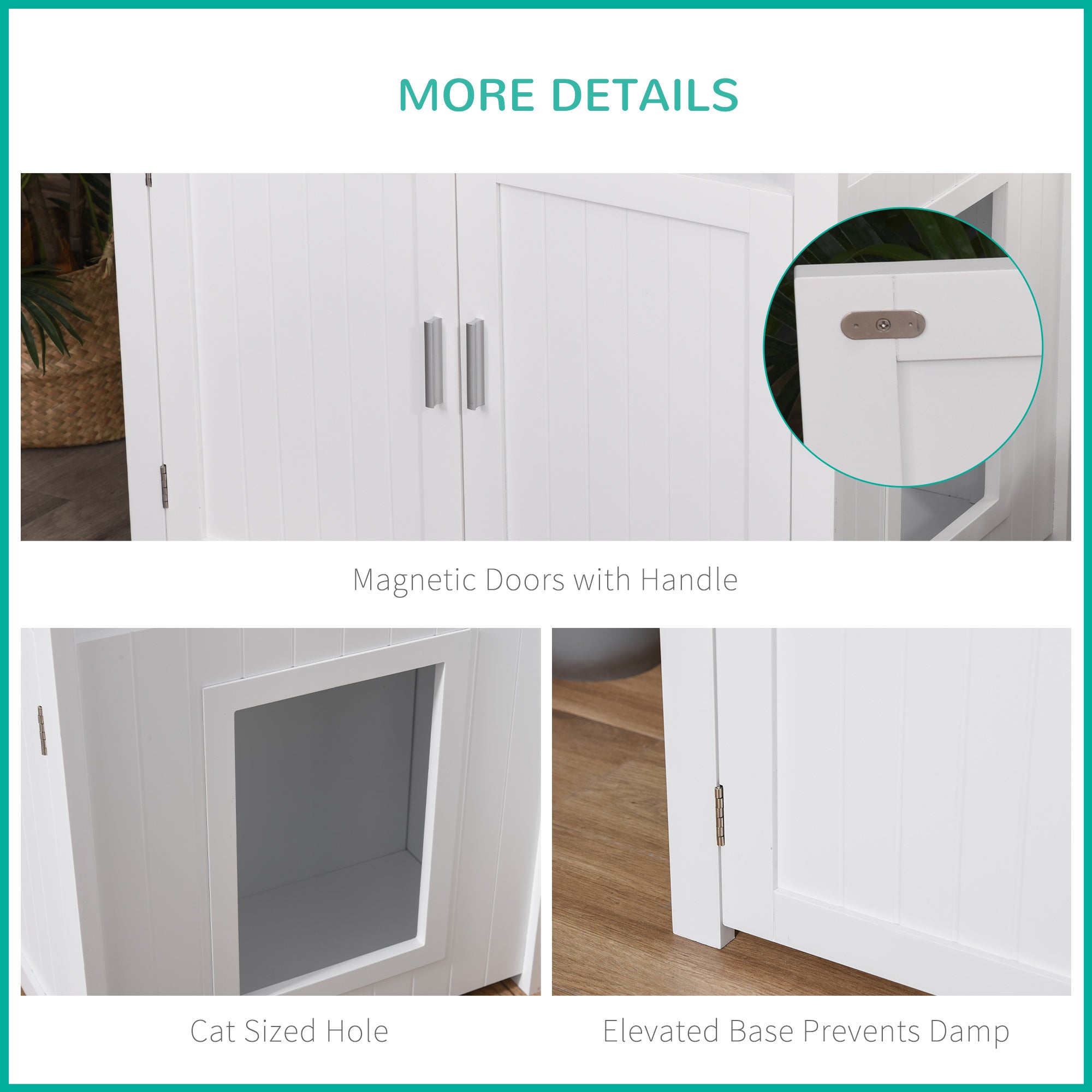 White pawhut wooden cat litter box enclosure with magnetic doors handle and elevated base to prevent dampness