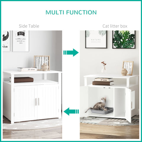 White wooden pawhut side table with cabinet doors and open shelves converting into a cat litter box enclosure