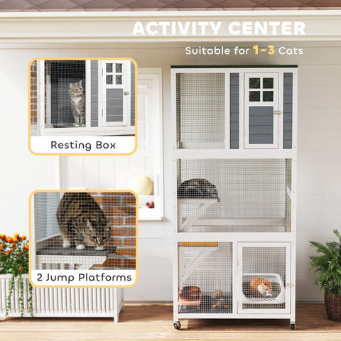 White pawhut wooden cat cage with mesh sides gray doors wheels outdoor cat enclosure for multiple cats