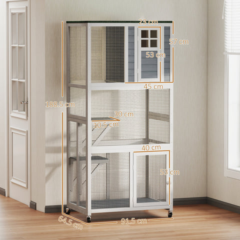 Multi-level silver metal cat cage with wire mesh and sliding doors in pawhut white wooden outdoor cat enclosure