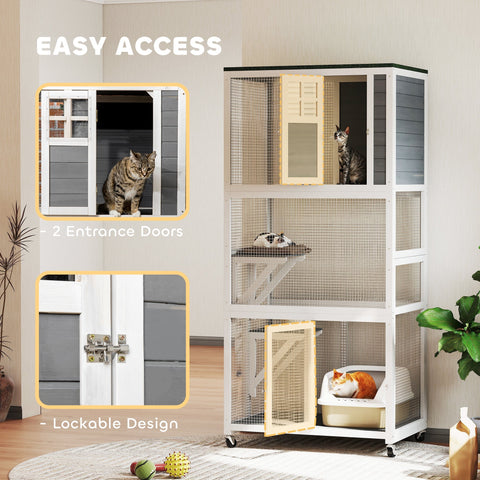 Pawhut white wooden multi-level outdoor cat enclosure with gray mesh sides lockable doors cat cage for multiple cats