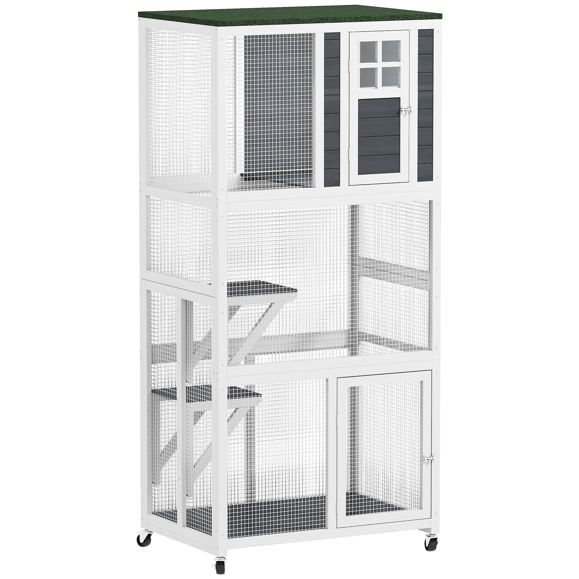 Pawhut white wooden outdoor cat cage with green roof mesh sides and wheels for multiple cats