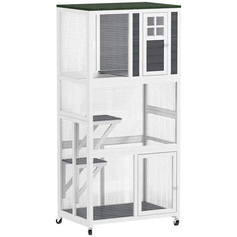 Pawhut white wooden outdoor cat cage with green roof mesh sides and wheels for multiple cats