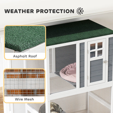 White and gray wooden two-level cat cage with green asphalt roof and wire mesh sides outdoor cat enclosure