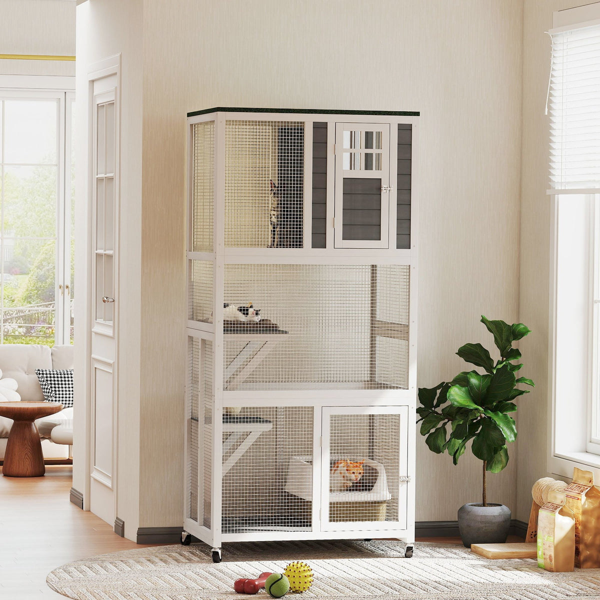 White pawhut wooden cat cage with mesh doors and waterproof roof outdoor cat enclosure for multiple cats