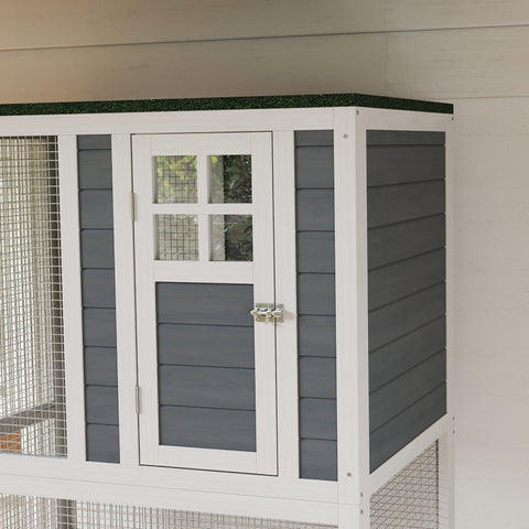 Pawhut wooden catio cat cage outdoor cat enclosure with white and gray wood, glass door, metal mesh sides, dark green roof