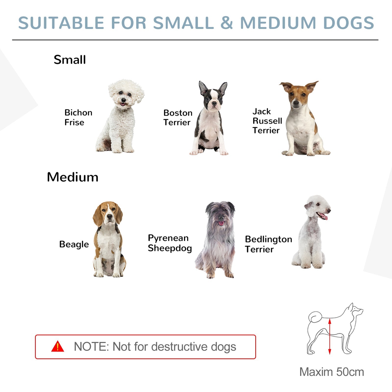 Product chart for pawhut wooden pet gate in white pine wood shows dog collar sizes for small and medium breeds