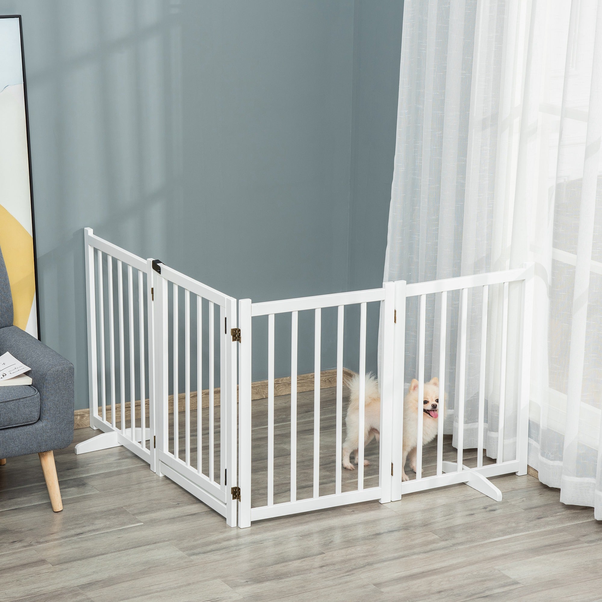 White pawhut wooden foldable pet gate with vertical slats gold-toned hinges pine wood for medium dogs indoors