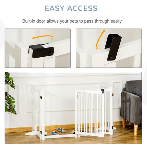 White pawhut wooden pet gate made of pine wood with black built-in door for easy indoor access and dog safety