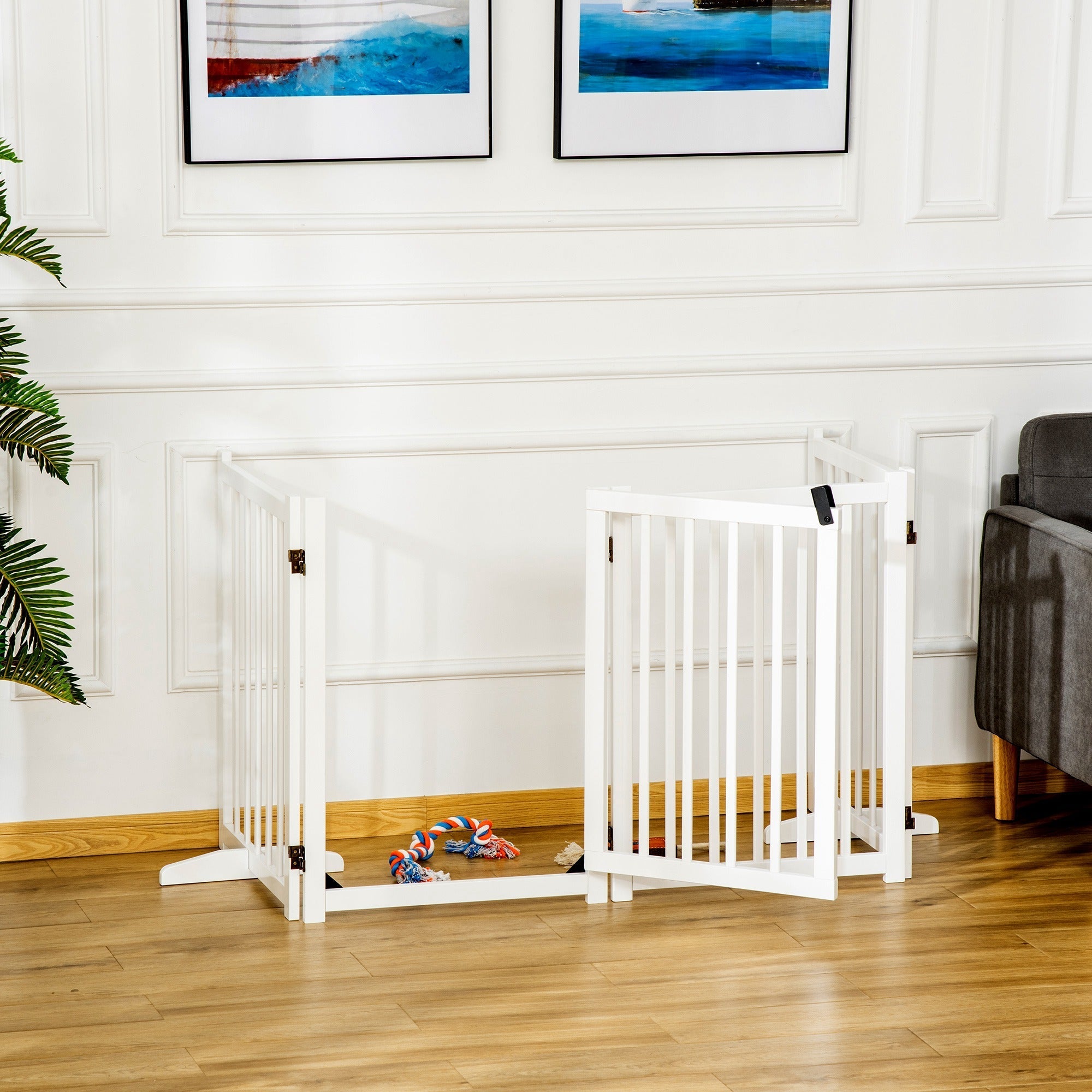 White pine wood pawhut wooden pet gate with vertical slats and black latch for small to medium dogs indoors