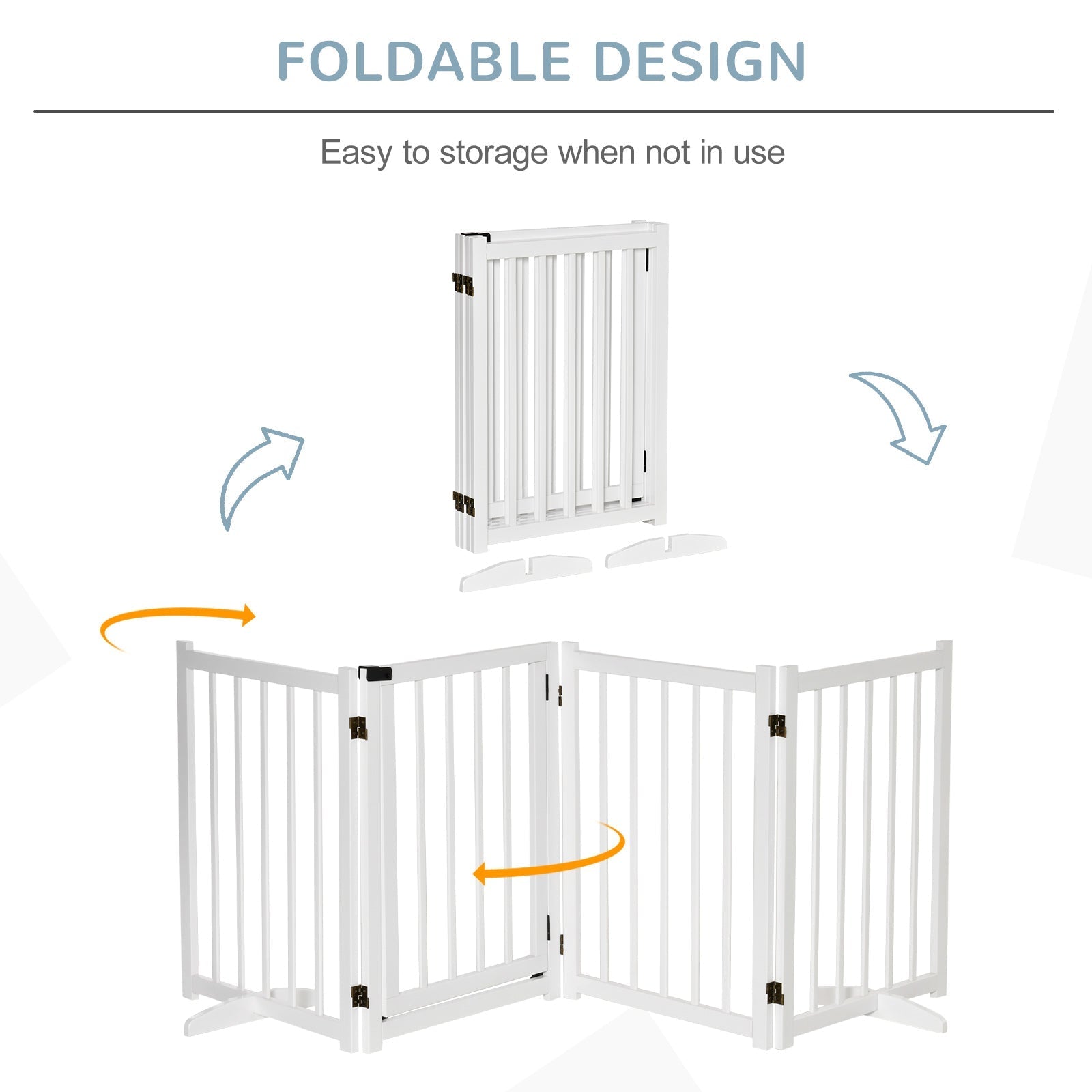 White pawhut wooden foldable pet gate with black hinges and vertical slats for medium dogs made of pine wood