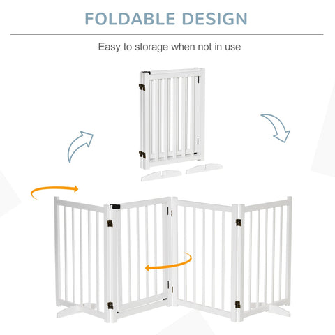 White pawhut wooden foldable pet gate with black hinges and vertical slats for medium dogs made of pine wood