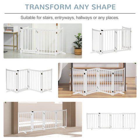 Pawhut wooden pet gate made of white pine wood with 4 panels and black hinges for indoor dog fence use