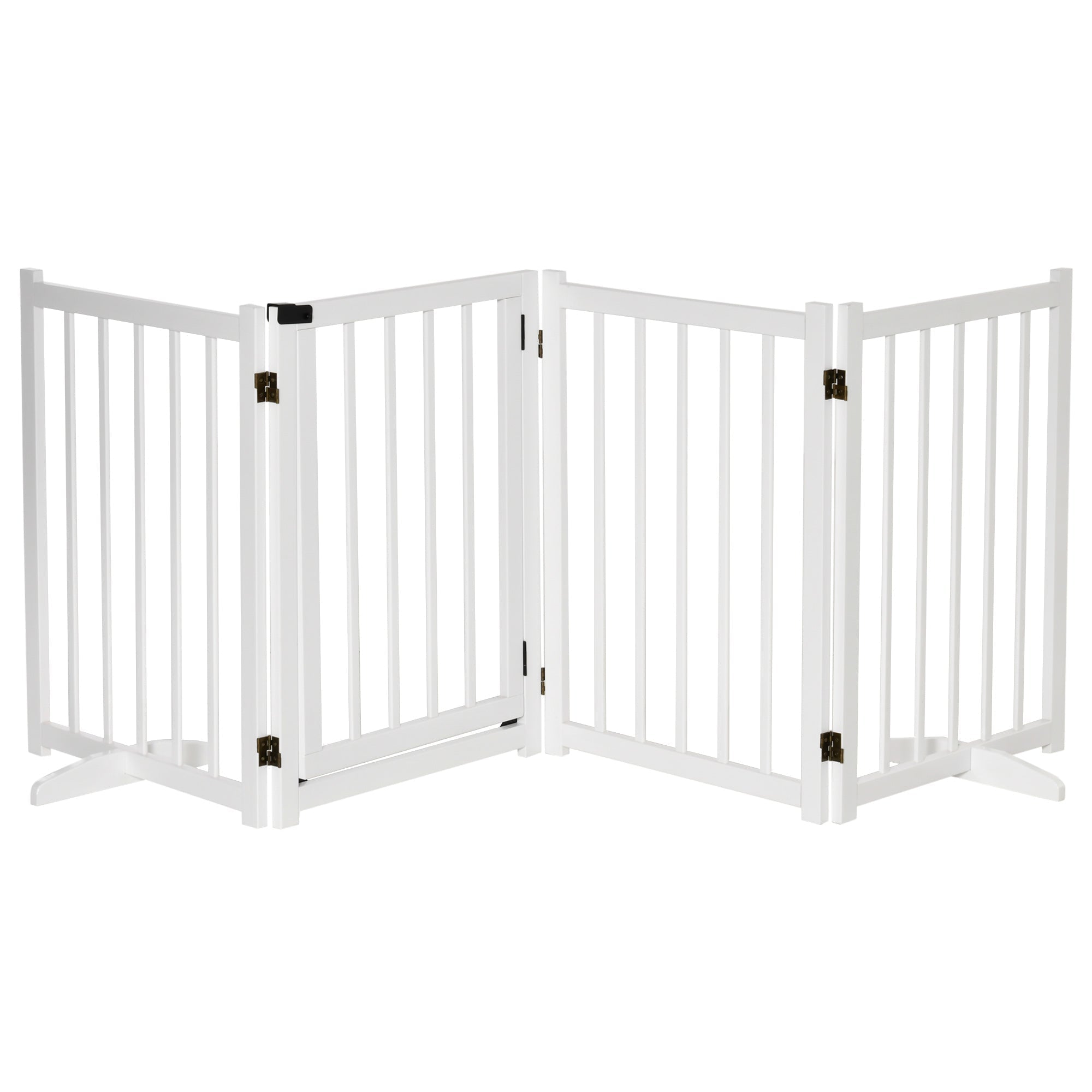 White pawhut wooden pet gate made of pine wood with vertical slats and black metal hinges for indoor use