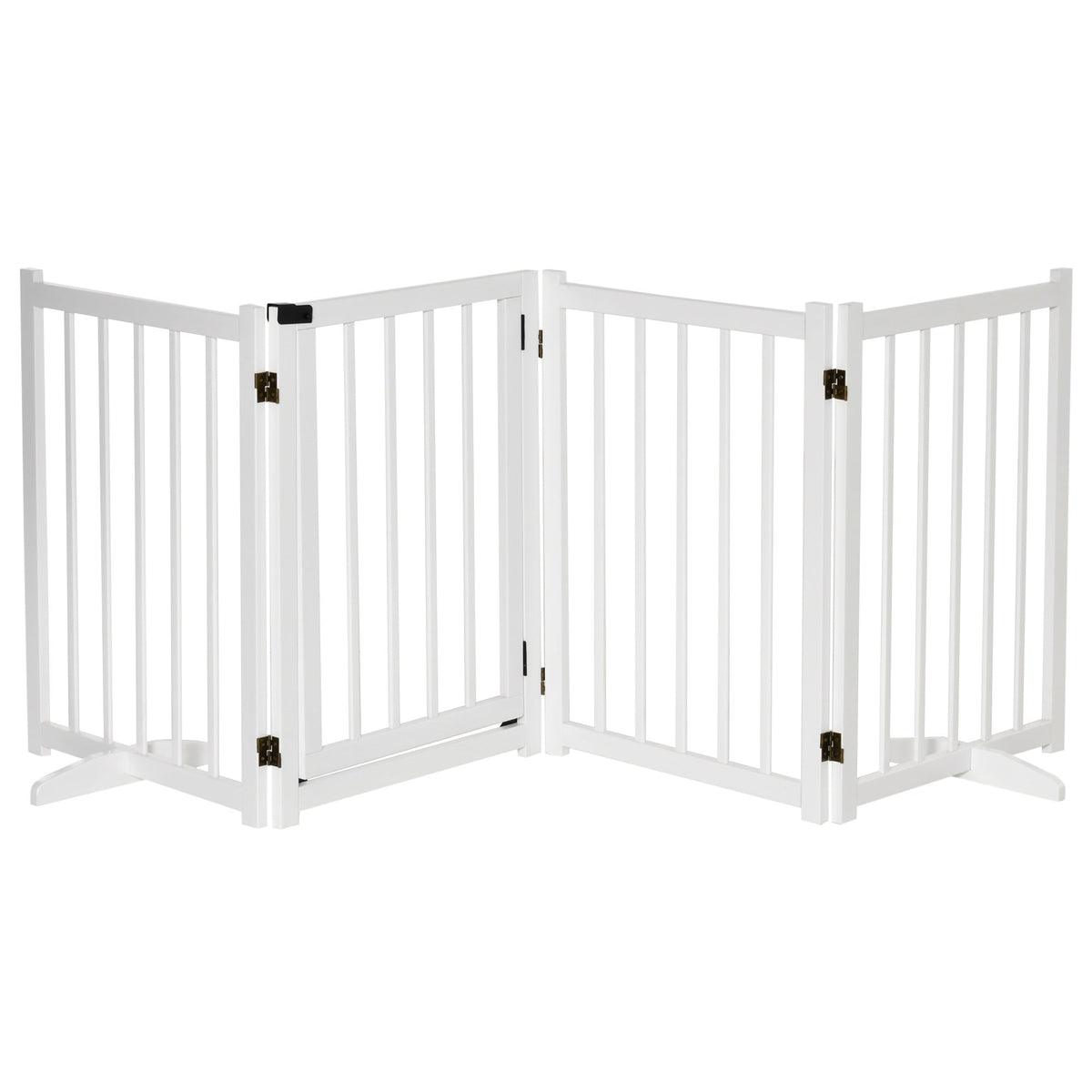 White pawhut wooden pet gate made of pine wood with vertical slats and black metal hinges for indoor use