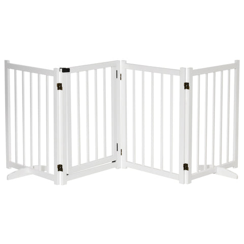 White pawhut wooden pet gate made of pine wood with vertical slats and black metal hinges for indoor use