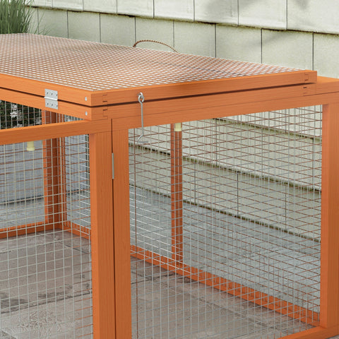 Pawhut wooden folding rabbit hutch in orange with solid wood frame pet-friendly paint mesh roof 50h x 110l