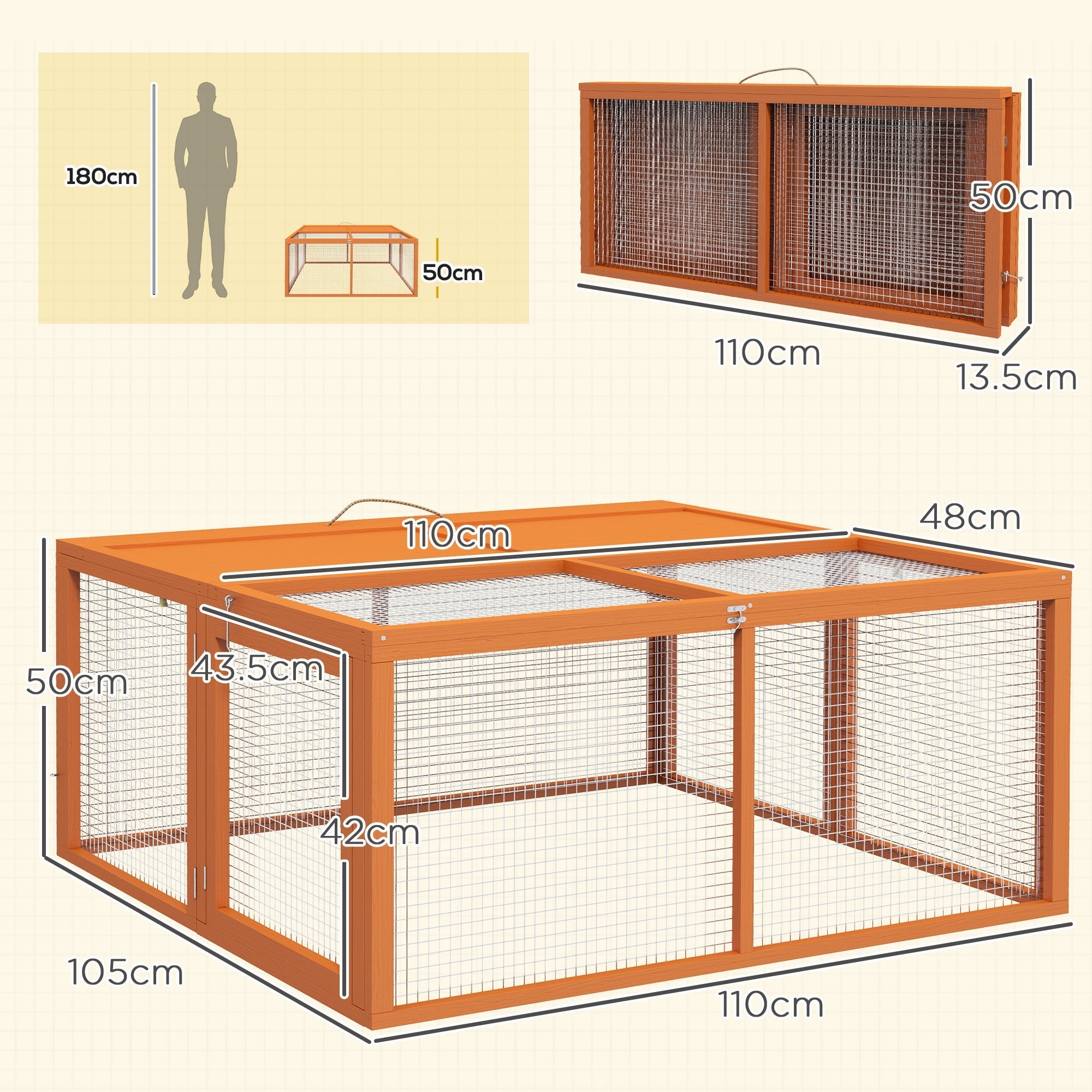 Orange solid wood 50h x 110l pawhut wooden folding rabbit hutch with wire mesh for 2-3 rabbits