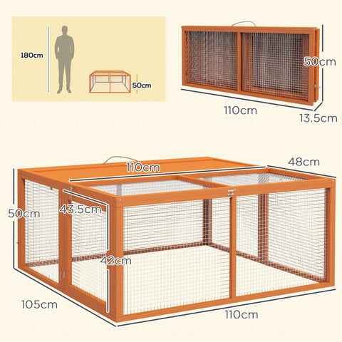 Orange solid wood 50h x 110l pawhut wooden folding rabbit hutch with wire mesh for 2-3 rabbits
