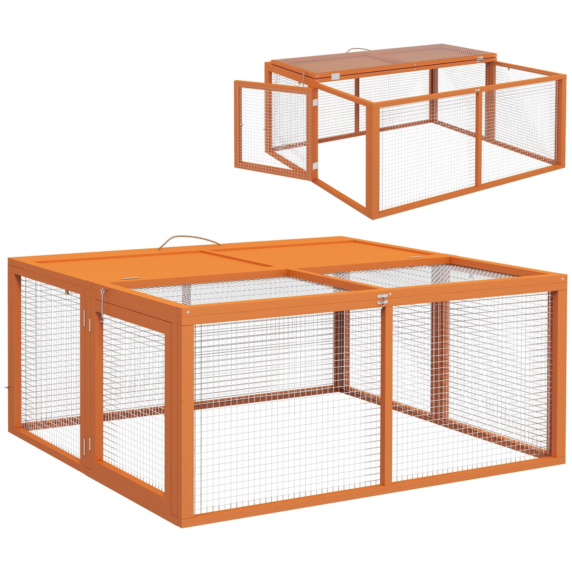 Orange metal wire mesh solid wood rabbit hutch with foldable side panels and solid roof 50h x 110l for 2-3 rabbits