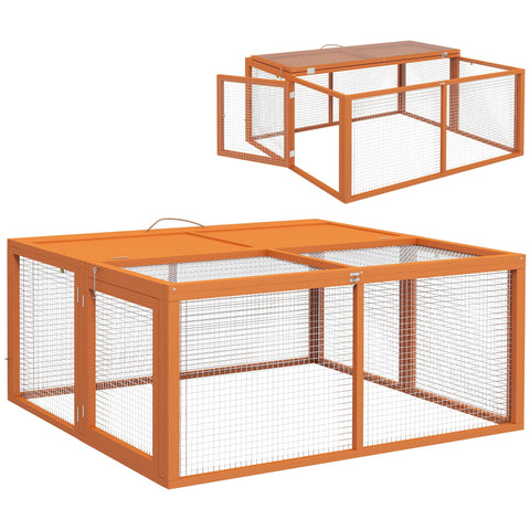 Orange metal wire mesh solid wood rabbit hutch with foldable side panels and solid roof 50h x 110l for 2-3 rabbits