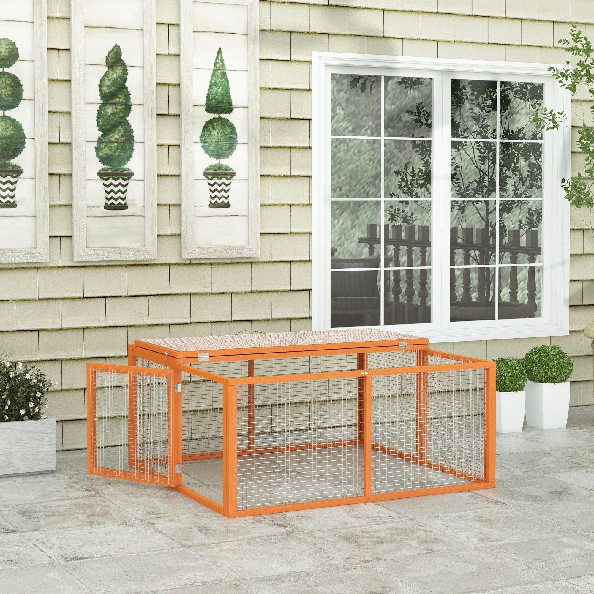 Orange metal wire mesh rabbit hutch with foldable side panels and flat roof by pawhut 50h x 110l solid wood pet-friendly paint