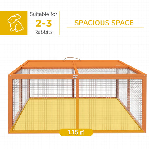 Pawhut orange solid wood rabbit hutch with wire mesh sides and solid floor 50h x 110l for 2-3 rabbits