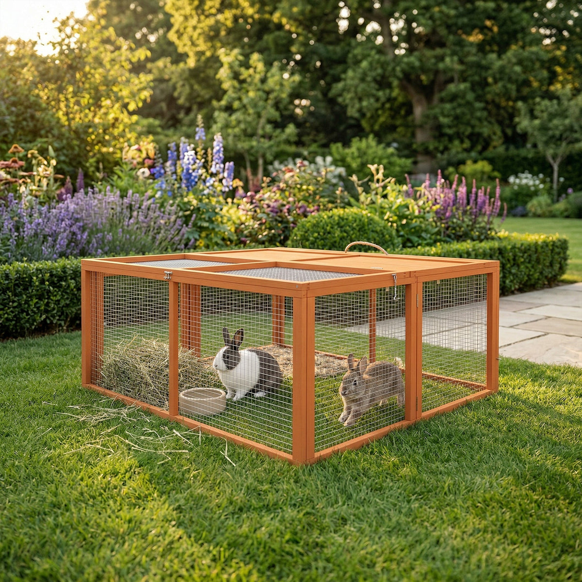 Orange pawhut wooden folding rabbit hutch 50h x 110l with wire mesh sides solid wood and pet-friendly paint