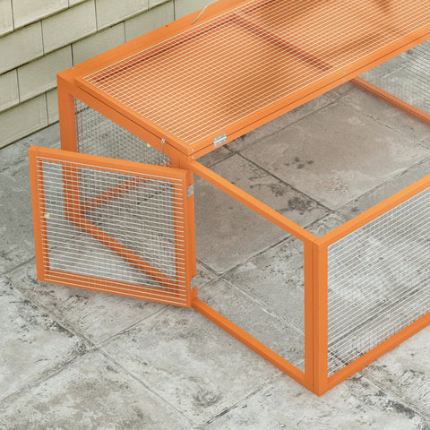 Orange wire mesh pet cage with hinged doors and solid top panel in pawhut wooden folding rabbit hutch 50h x 110l solid wood pet-friendly paint