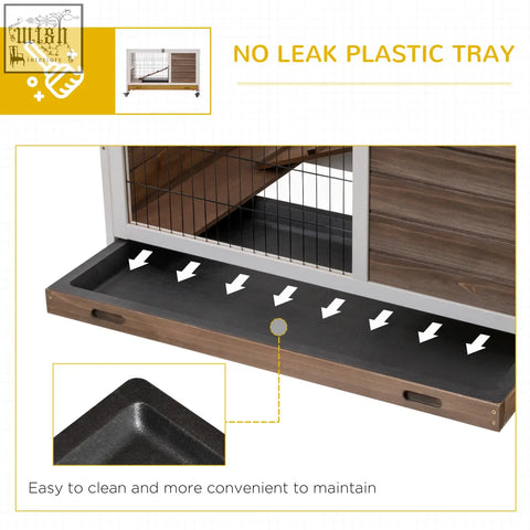 Brown fir wood framed plastic tray with black non slip surface for easy cleaning in pawhut guinea pig hutch