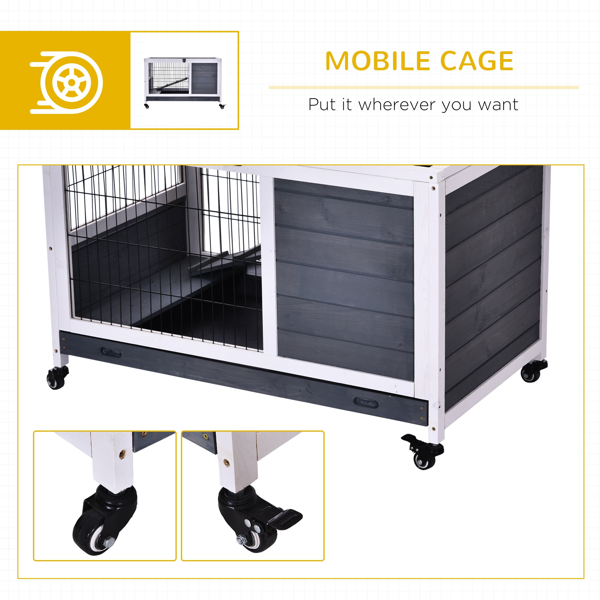PawHut Wooden Guinea Pig Hutch, 2-Floor Bunny Cage w/ Enclosed Run Area, Grey