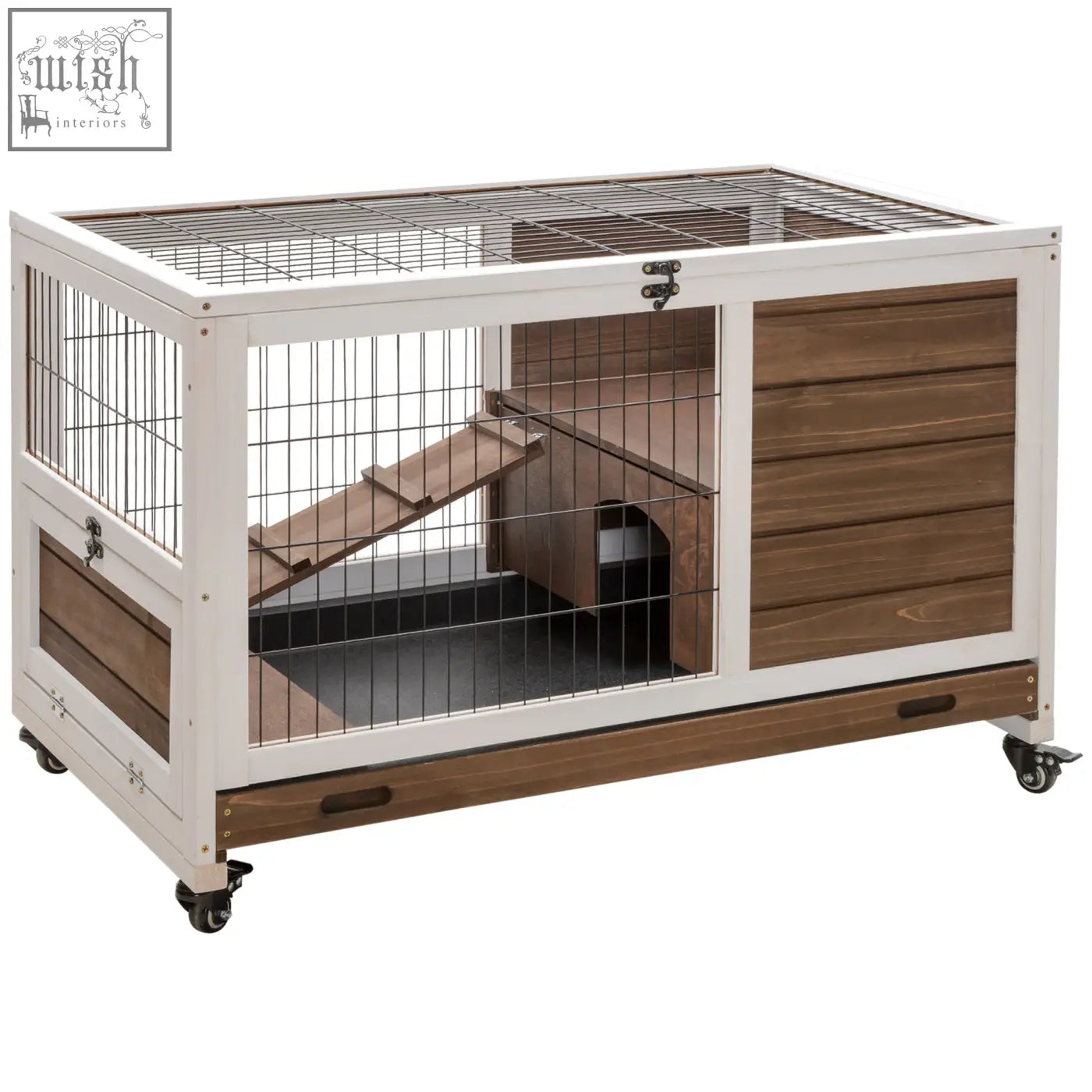 Pawhut wooden guinea pig hutch in white and brown fir wood with wire mesh sides ramp and wheels for easy mobility