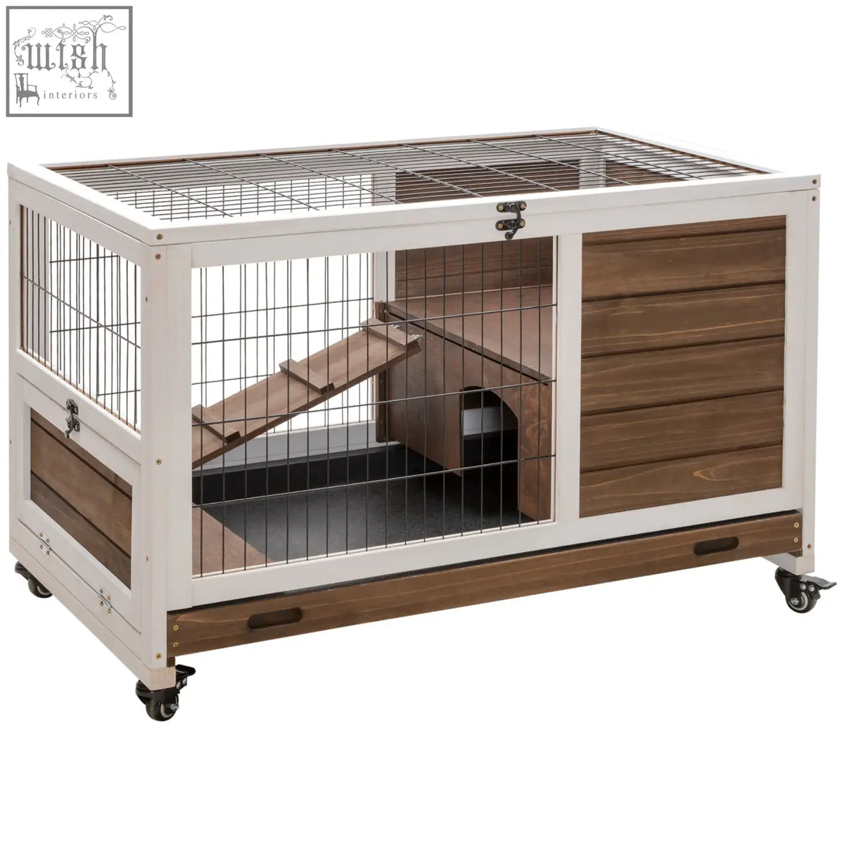Pawhut wooden guinea pig hutch in white and brown fir wood with wire mesh sides ramp and wheels for easy mobility