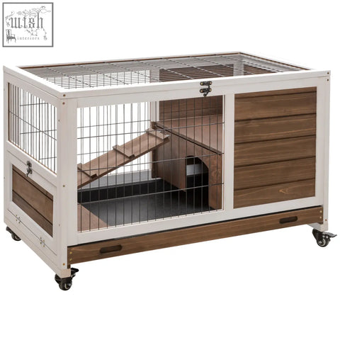 Pawhut wooden guinea pig hutch in white and brown fir wood with wire mesh sides ramp and wheels for easy mobility