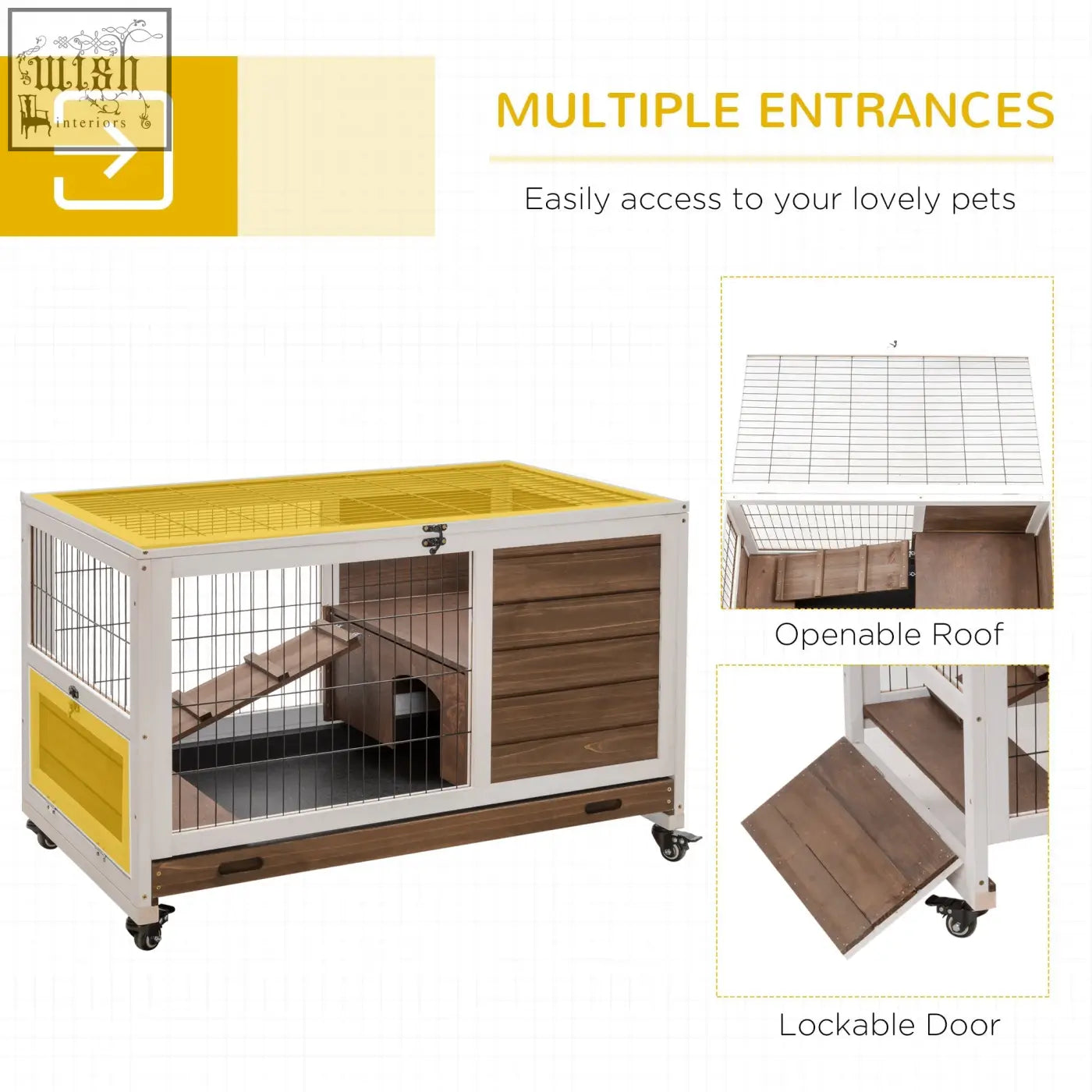 Pawhut fir wood guinea pig hutch with white and yellow openable roof lockable door and metal wire panels for pets