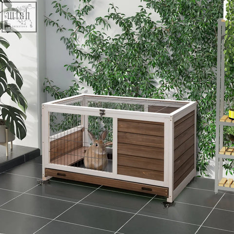 Brown and white fir wood guinea pig hutch with wire mesh top glass door and sliding side panel for guinea pig use
