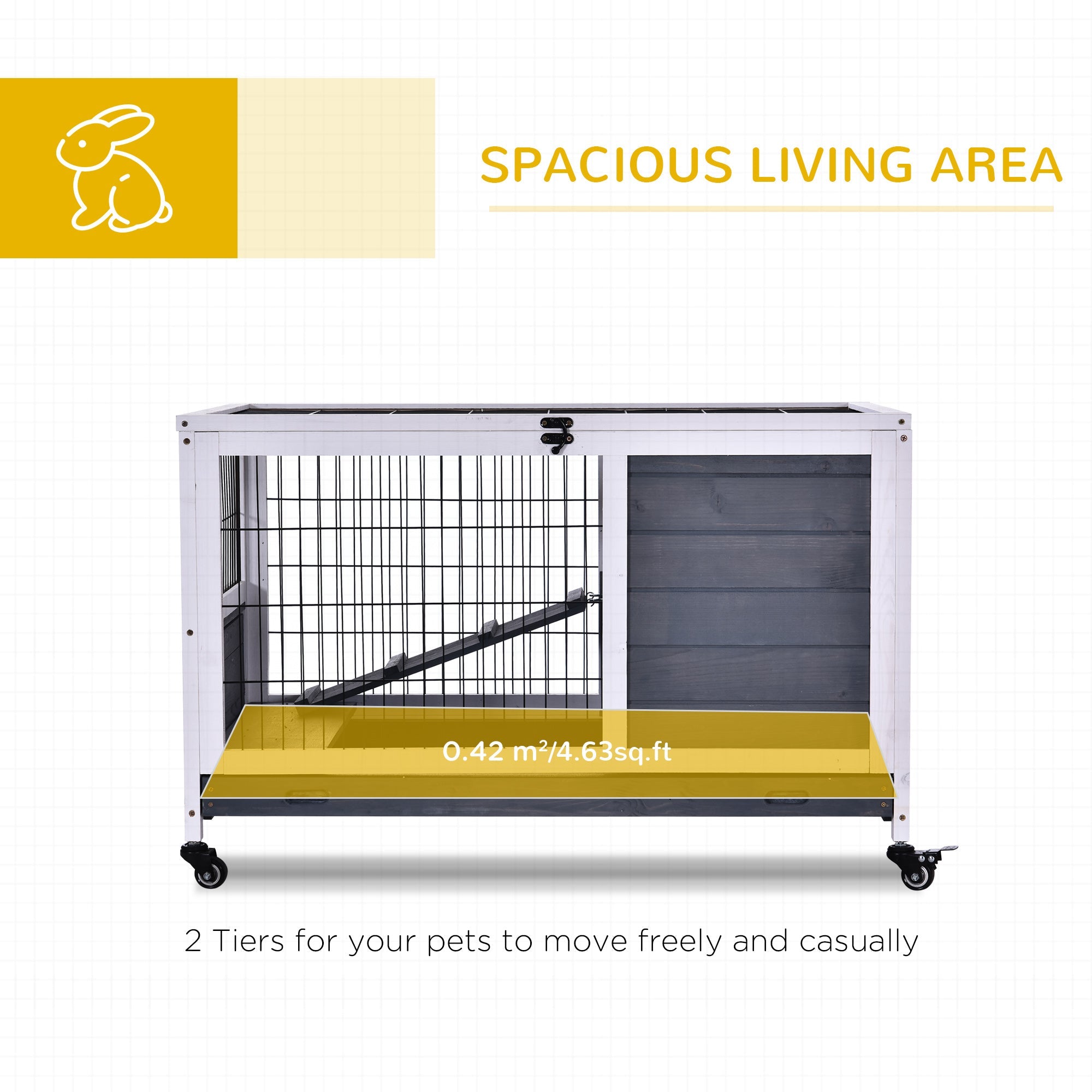 PawHut Wooden Guinea Pig Hutch, 2-Floor Bunny Cage w/ Enclosed Run Area, Grey
