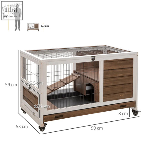 Pawhut fir wood guinea pig hutch with white metal wire mesh top sliding door internal ramp and casters brown