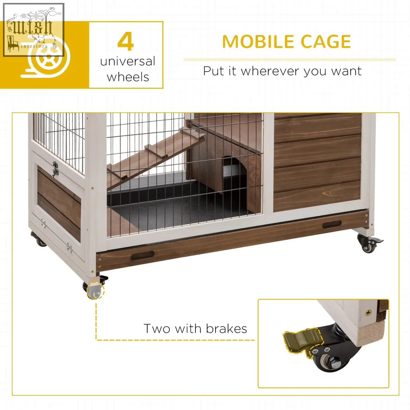 Pawhut wooden guinea pig hutch with fir wood finish white metal frame and four wheels including two brakes
