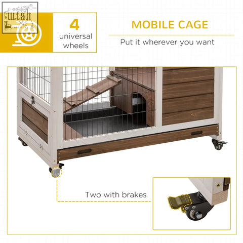 Pawhut wooden guinea pig hutch with fir wood finish white metal frame and four wheels including two brakes
