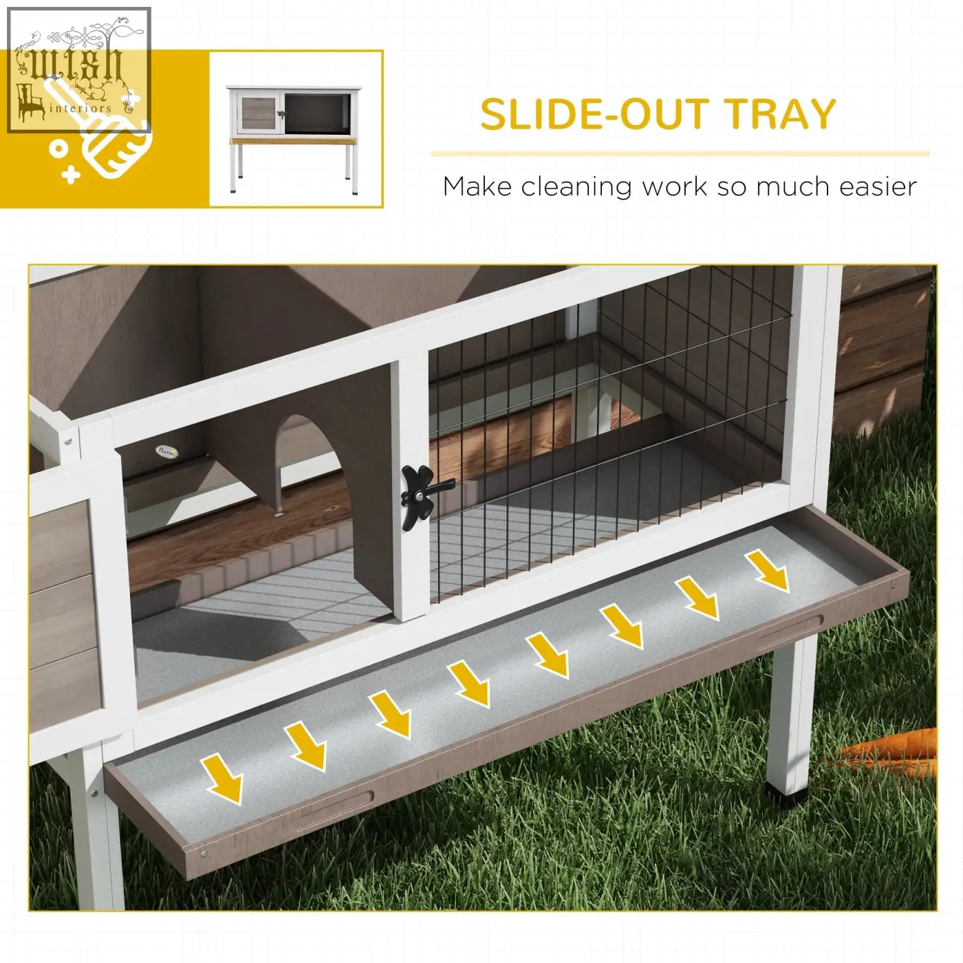 White and gray wooden guinea pig hutch with slide-out tray and openable asphalt roof for small animals cleaning