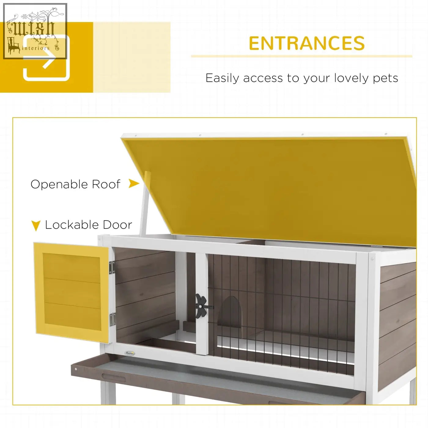 Yellow and white wooden pawhut guinea pig hutch with lockable door and openable asphalt roof for small animals