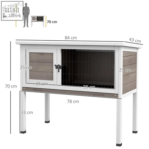 White and gray wooden guinea pig hutch with black metal latch and openable asphalt roof for small animals