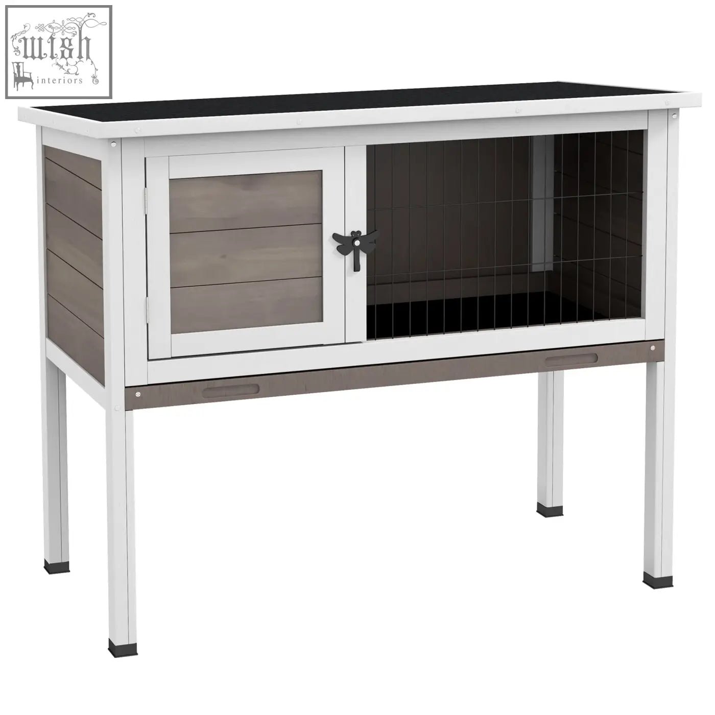 White and gray wooden pawhut guinea pig hutch with asphalt roof, glass door, dragonfly handle, and wire mesh cage